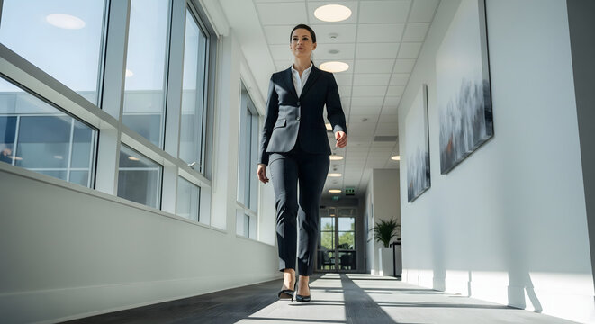 A determined businesswoman confidently walking down an office hallway. The scene exudes professionalism and a sense of purpose. The natural light brightens the long corridor