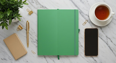 Top view of green notebook with smartphone, coffee cup, pen, wallet, clips, and plant on marble desk, perfect for mockup, branding, and creative workspace template.