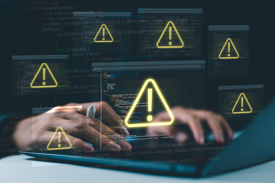 Software debugging processes. Cybersecurity alert concept showing a programmer detecting system errors and coding issues. Ideal for illustrating cyber threats, data security,