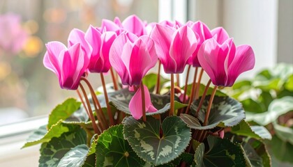 Group of pink cyclamen flowers with variegated leaves.