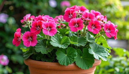 Naklejka premium Potted pink geraniums with green leaves on a patio