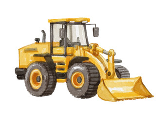 Watercolor yellow wheel loader isolated on white background