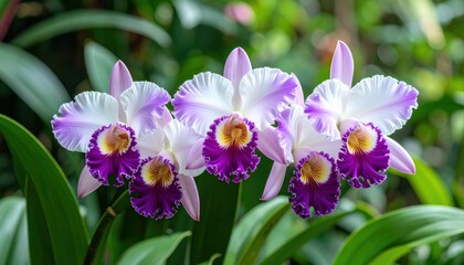A cluster of white and purple Cattleya orchids in bloom.