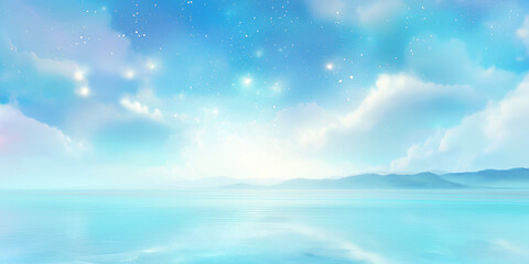Obraz premium Fantasy Blue Ocean with Mountains and Dreamy Sky 