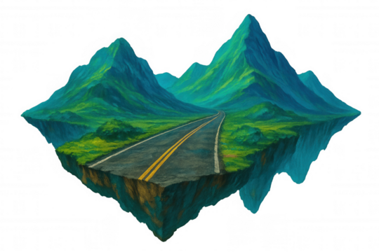 Surreal floating island with asphalt road leading to mountains, isolated on transparent background, ideal for creative projects