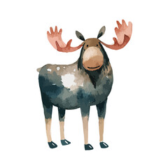 Watercolor Style Moose with Large Antlers and a Smiling Expression