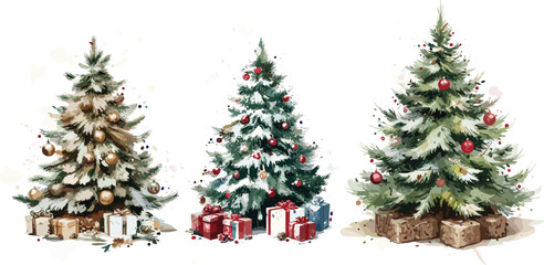 Christmas tree traditionally decorated with toy balls, gift boxes and covered in snow isolated watercolor clipart. new year winter clipart.