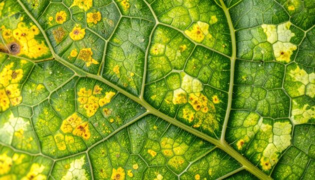 Close-up of a damaged green leaf with yellow and brown spots. - Powered by Adobe