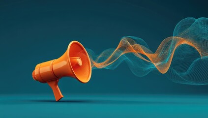 Orange megaphone with abstract teal and orange energy waves