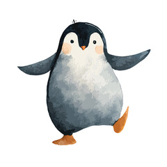 Watercolor Style Penguin with Arms Outstretched and One Foot Raised
