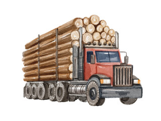 Hand painted watercolor logging truck isolated 