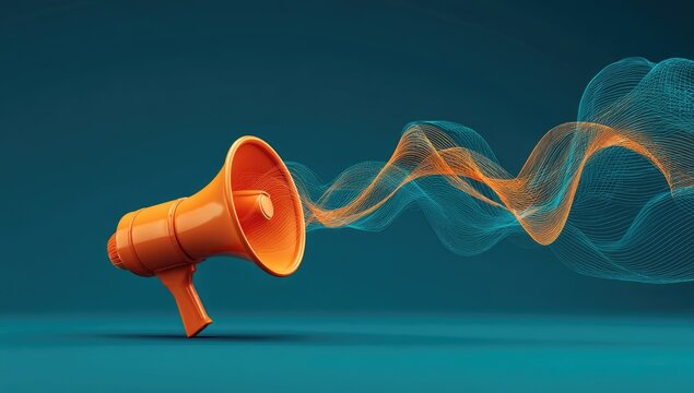 Orange megaphone with abstract teal and orange energy waves - Powered by Adobe