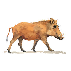 Watercolor Style Warthog Striding with Prominent Tusks and Bristly Mane