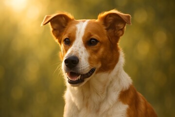 Reddish-Brown and White Dog with Upright Ears and White Face Stripe Looking Sideways in Warm Outdoor Sunset Portrait