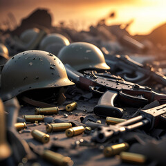 Military helmets and ammunition scattered on the ground at sunset