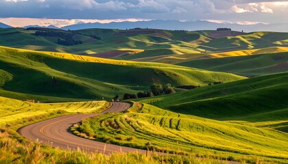 Winding road through rolling green hills at golden hour