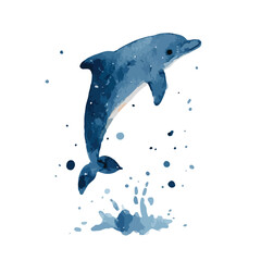 Watercolor textured dolphin leaping with splash effect in shades of blue