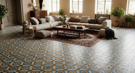 Sunlit eclectic living room featuring a large beige sofa a vintage rug and colorful geometric floor tiles.