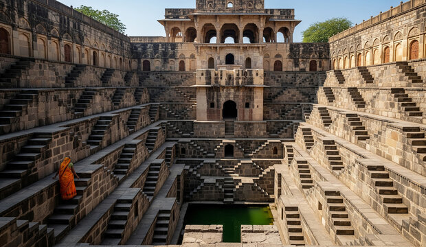 The ancient, intricate, and breathtaking stepwell of Chand Baori in India, a stunning example of symmetrical architecture and historical water management.