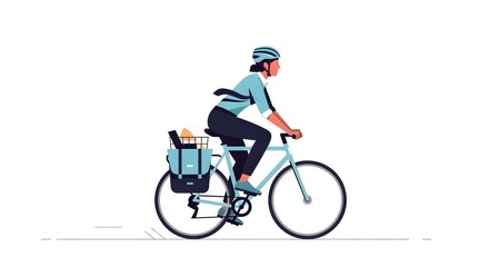 Obraz premium Woman Cycling with Helmet Sitting on Bicycle with Delivery Bag in Motion