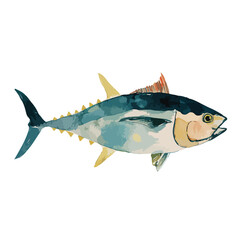 Watercolor Tuna Fish Illustration with Detailed Fins and Shimmering Blue Scales