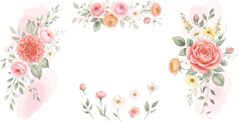 Watercolour floral illustration set. DIY blush pink blue flower, green leaves.