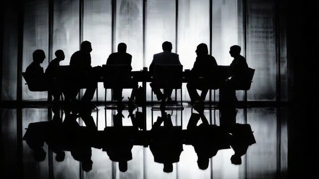 Strategic shadows: A silhouette of an executive team at a meeting, creating a compelling visual metaphor for leadership, strategy, and decision-making in a modern business context.
