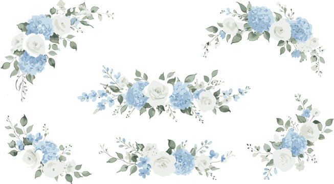 Watercolor floral illustration set. Hydrangea myosotis rose peony blue white flowers, green leaves branches collection