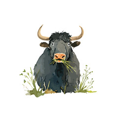 Watercolor Yak Grazing on Grass with Curved Horns and Shaggy Fur