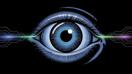 Futuristic blue eye with digital data streams technology