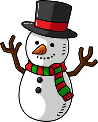 Vector Cartoon Hand Drawn Snowman With Green And Red Striped Scarf
