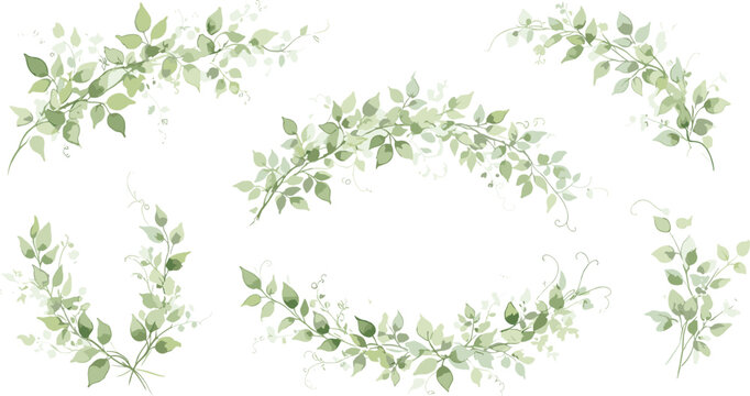 Watercolor wildflower floral illustration set - green gold flower daisy ivy wreath frame border bouquet.