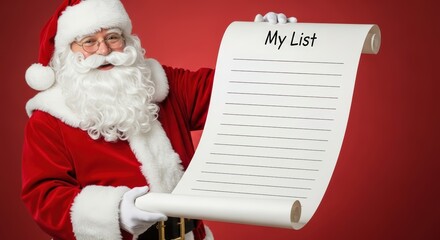 Naklejka premium santa claus holding a long christmas wish list on a red background