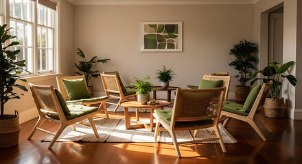 Fototapeta premium Sunlit Living Room with Rattan Chairs and Plants.