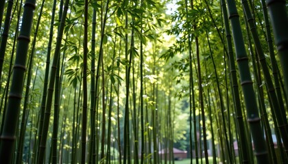 Fototapeta premium Tranquil Bamboo Forest with Lush Green Foliage and Soft Sunlight Filtering Through Tall Stalks