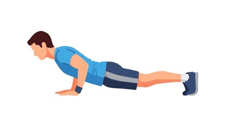 Young Man Performing Push Up Exercise in Casual Sportswear on White Background