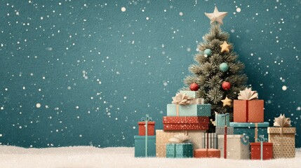 Festive Christmas with Presents: A decorated Christmas tree stands amid a flurry of snowflakes, accompanied by a collection of wrapped presents, evoking the holiday spirit. Generative Ai