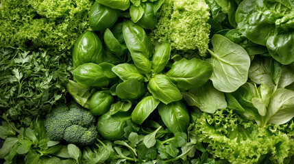 Fresh herbs and vegetables including basil, lettuce, and broccoli create vibrant green display