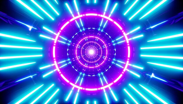 Neon rings and lines form a futuristic tunnel - Powered by Adobe