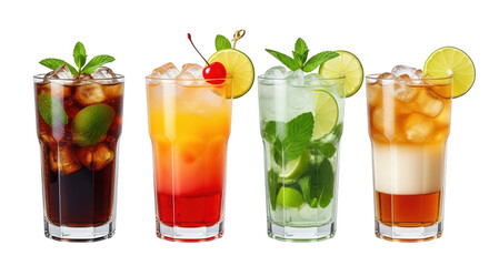 Four cocktails isolated on transparent background in studio shot