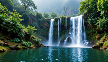 Fototapeta premium Majestic Waterfall Flowing Into Serene Blue Pool Surrounded by Lush Greenery and Misty Mountains in Tranquil Nature Scene