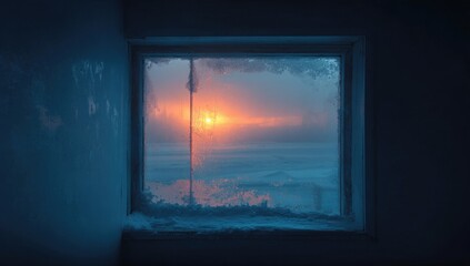Obraz premium Frozen window, sunset view