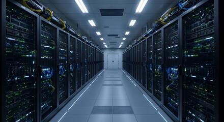 Long Aisle of Server Racks in Modern Data Center with Glowing Lights