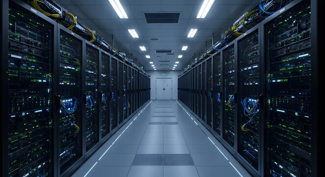 Long Aisle of Server Racks in Modern Data Center with Glowing Lights - Powered by Adobe