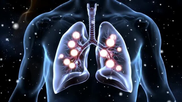 Detailed 3D Animation of Human Lungs within Cosmic Nebula Background Displaying Affected Round Bright Inflamed Area Perfect for Medical Educational Purposes and Respiratory Health Awareness Campaigns
