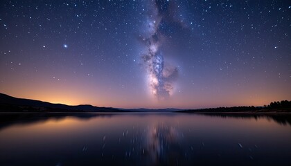 Naklejka premium Stunning Night Sky with Milky Way Above Serene Lake and Mountains in the Background