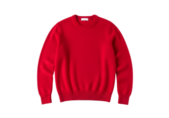 A vibrant, rich red sweater displays a simple design against a dark background.