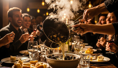 Naklejka premium A large, boisterous dinner party with many hands reaching for food, with a chef pouring a steaming sauce over a dish in the foreground, a scene of joyful, communal feasting.