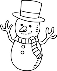 Vector Cartoon Hand Illustrated Snowman With Striped Scarf Line Art