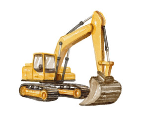 Watercolor yellow excavator isolated on white background